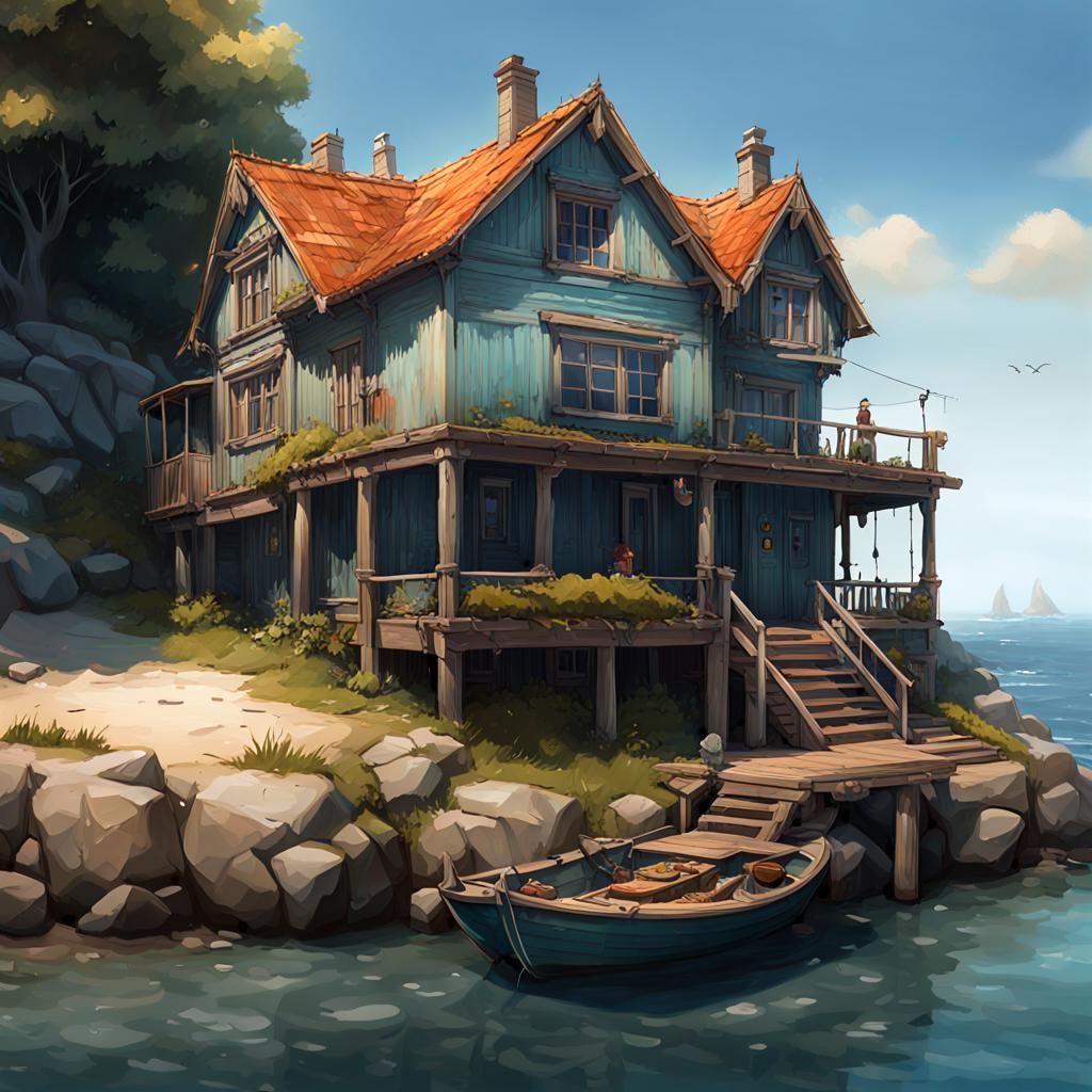 Seaside Fisherman's House in Detailed Splash Art