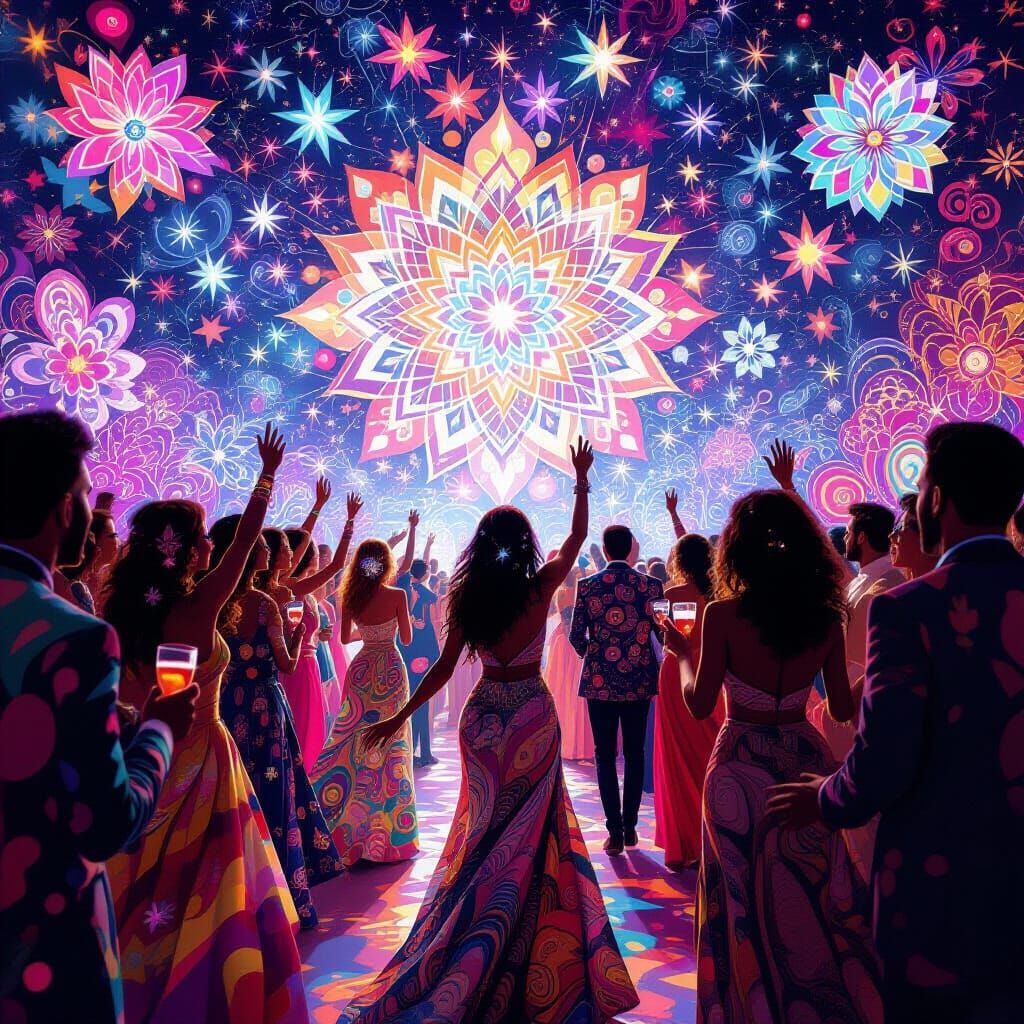 Vibrant Cosmic Party Illustration in Amaringo Style