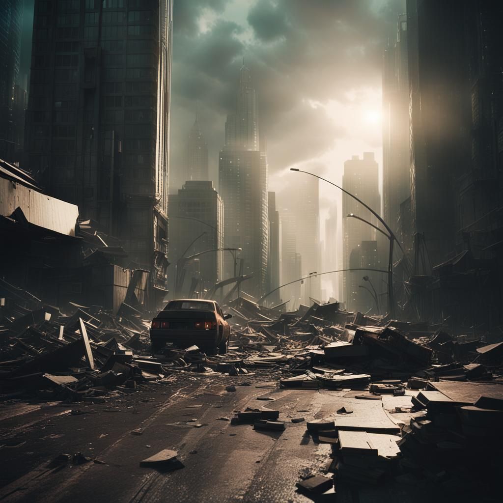 Futuristic Cityscape Ravaged by Epic Windstorm