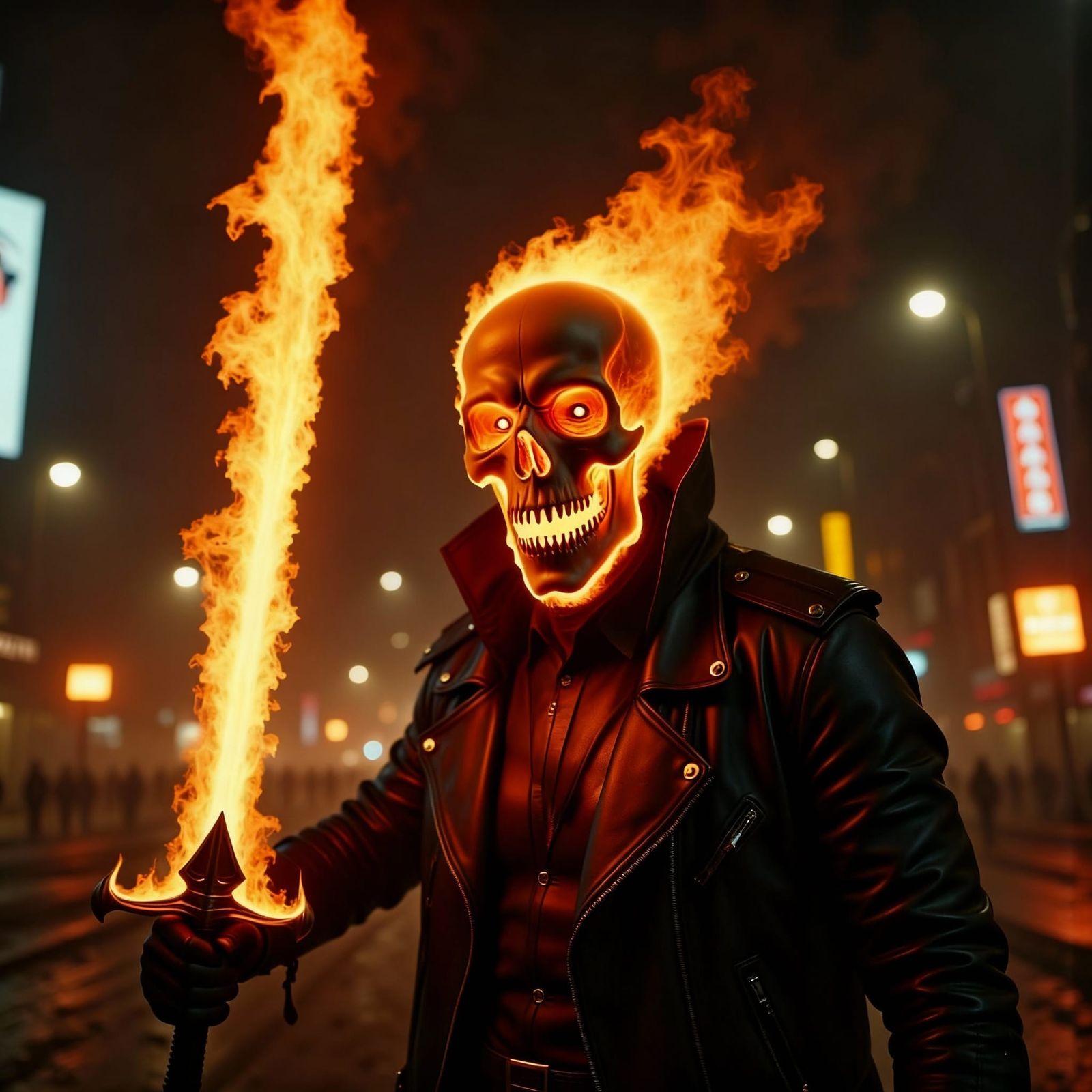 Soldier with Flaming Skull Head and Bioluminescent Sword