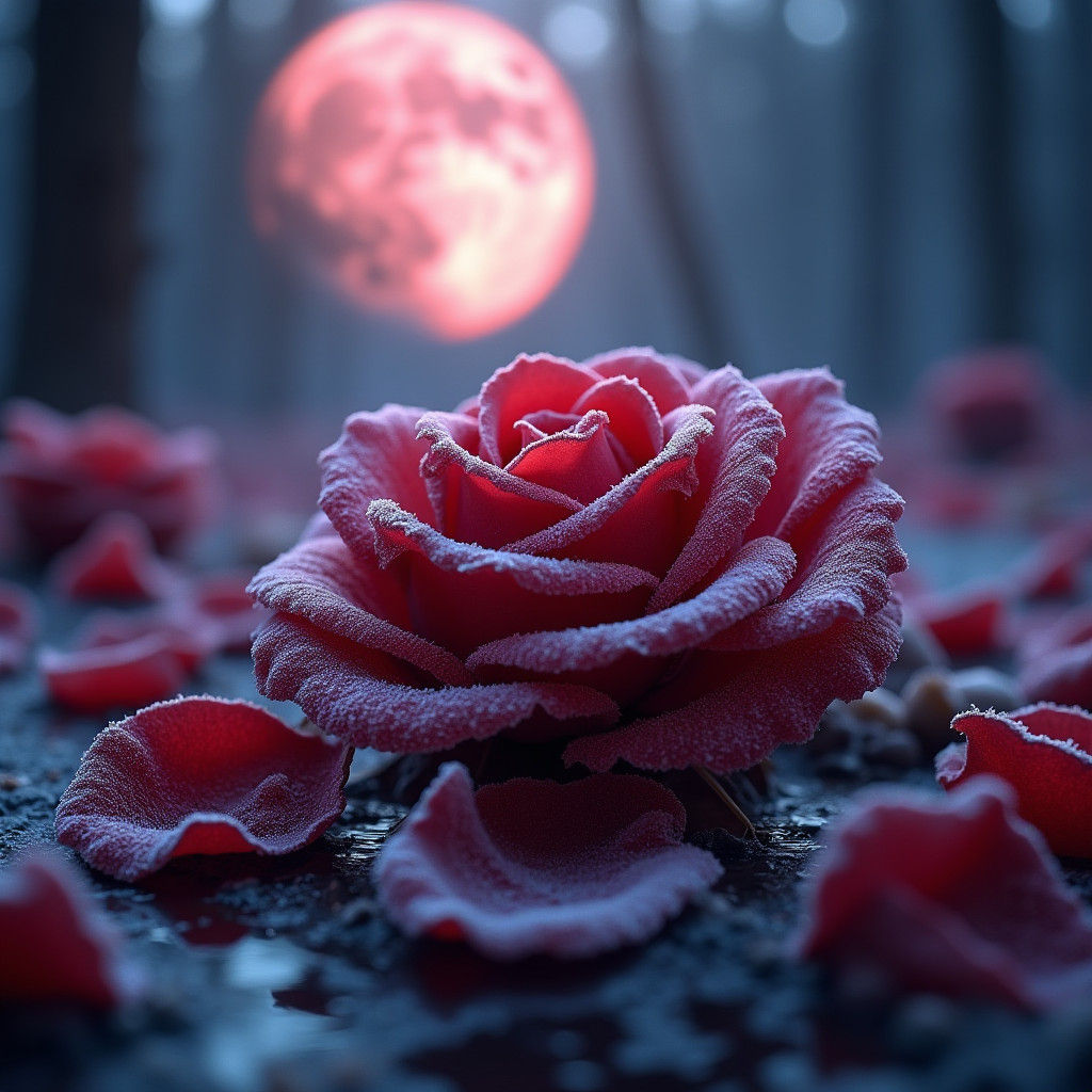 Frozen Crimson Rose Against Full Moon