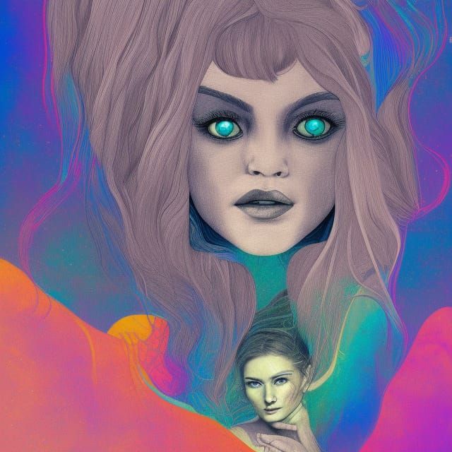 Haunted Woman in Holographic Cosmic Illustration