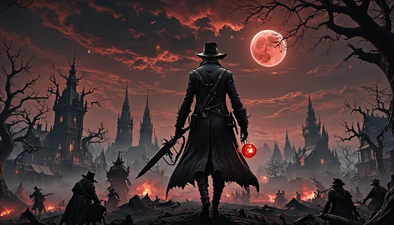 Epic Red Moon Rises in Dark Fantasy Landscape