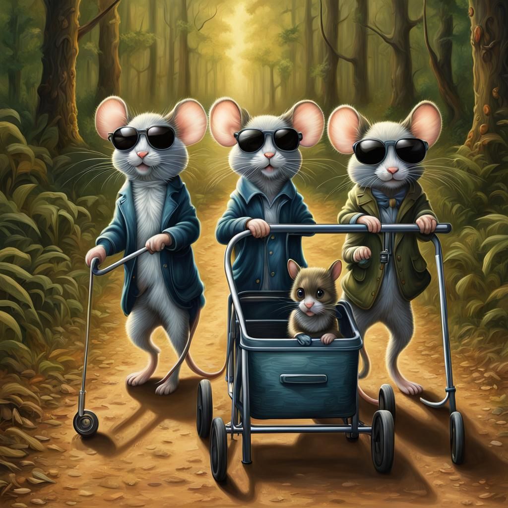 Three Blind Mice Navigate Forest in Airbrush Art