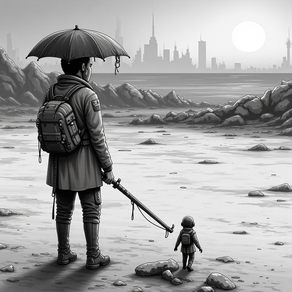 Woman with Umbrella in Rain, Manga Style Drawing