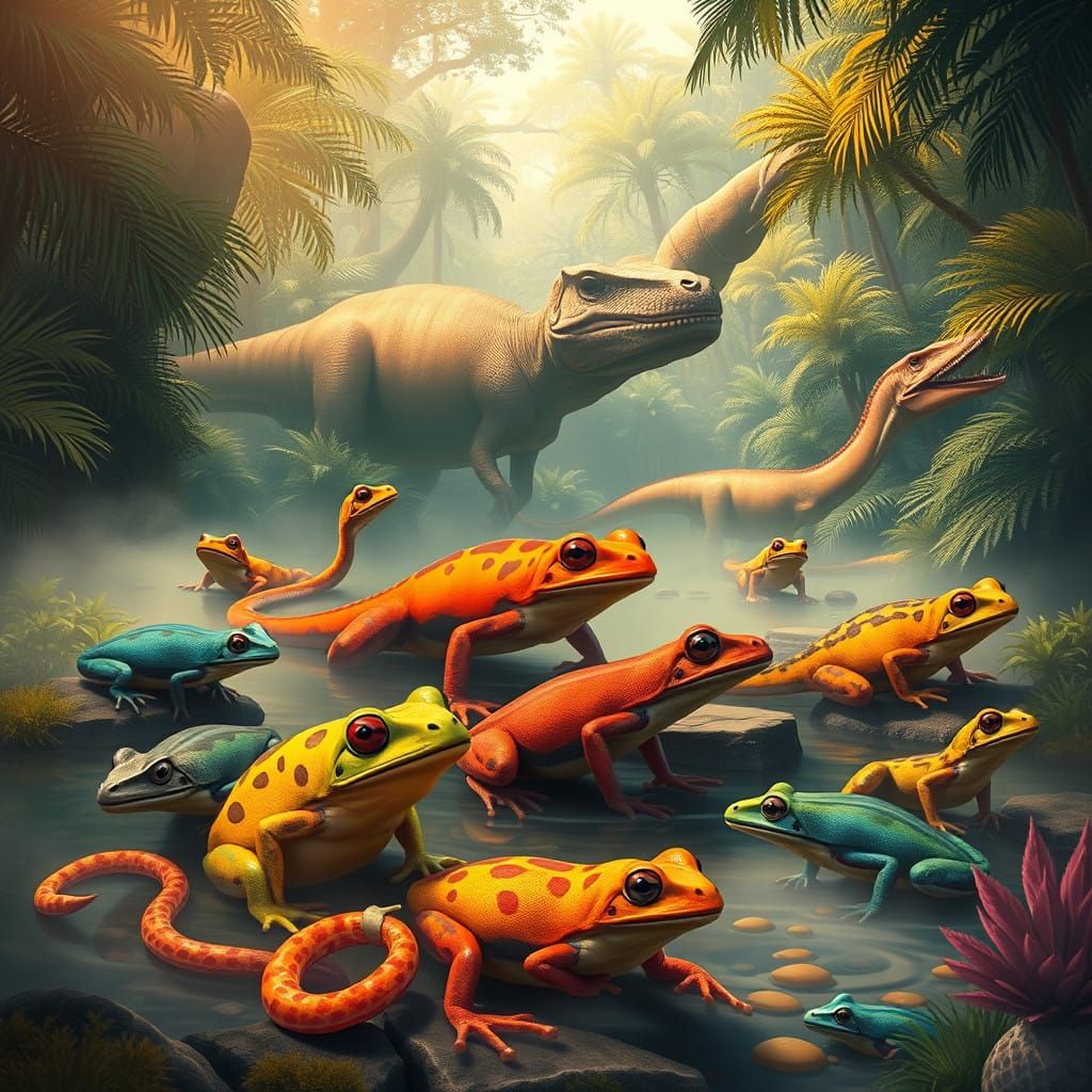 Prehistoric Amphibians Thrive Amidst Mesozoic Era Landscapes