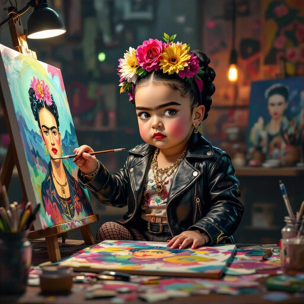 Baby Frida Kahlo as Cyberpunk Artist