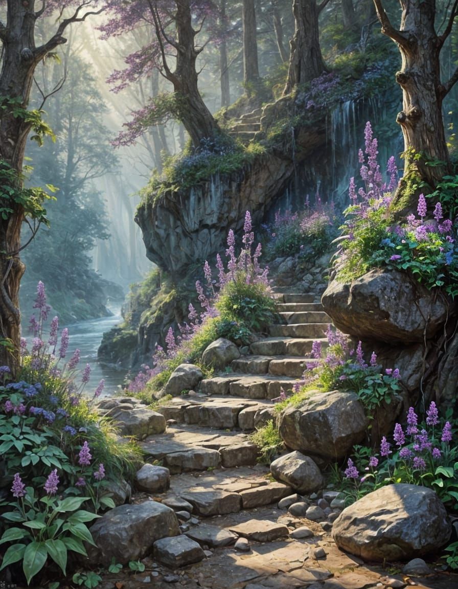 Painterly Forest Scene with Amethyst Wands and Staircase
