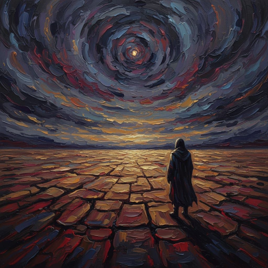 Figure in Desolate Landscape Impasto Painting