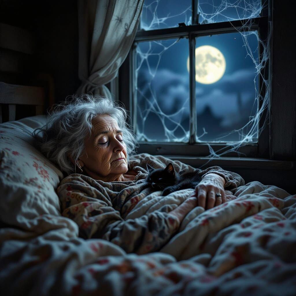Old Woman and Kitten Sleep in Moonlit, Dusty House