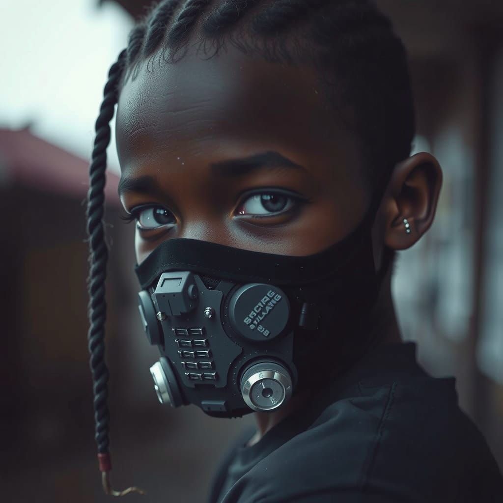 Masked Boy with Braids in Dark Digital Art