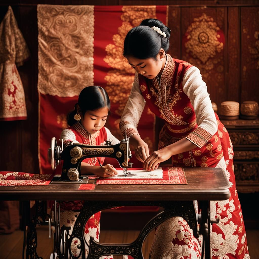 Woman Sewing Indonesian Flag in Dutch Masters Style