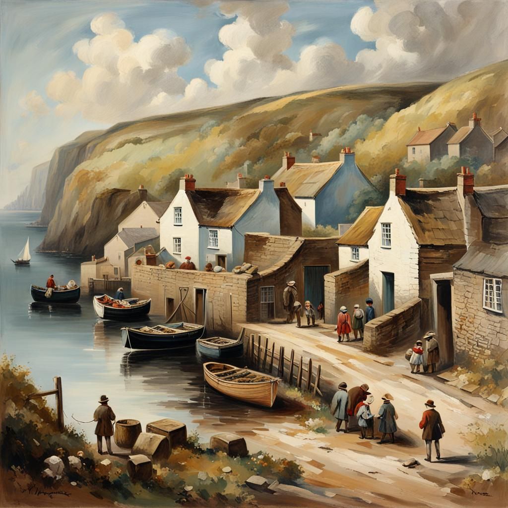 Idyllic Yorkshire Fishing Village, Classical Painting Style