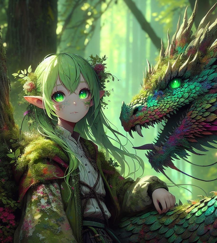 Anime Fairy Girl with Forest Dragon in 8K Matte Painting