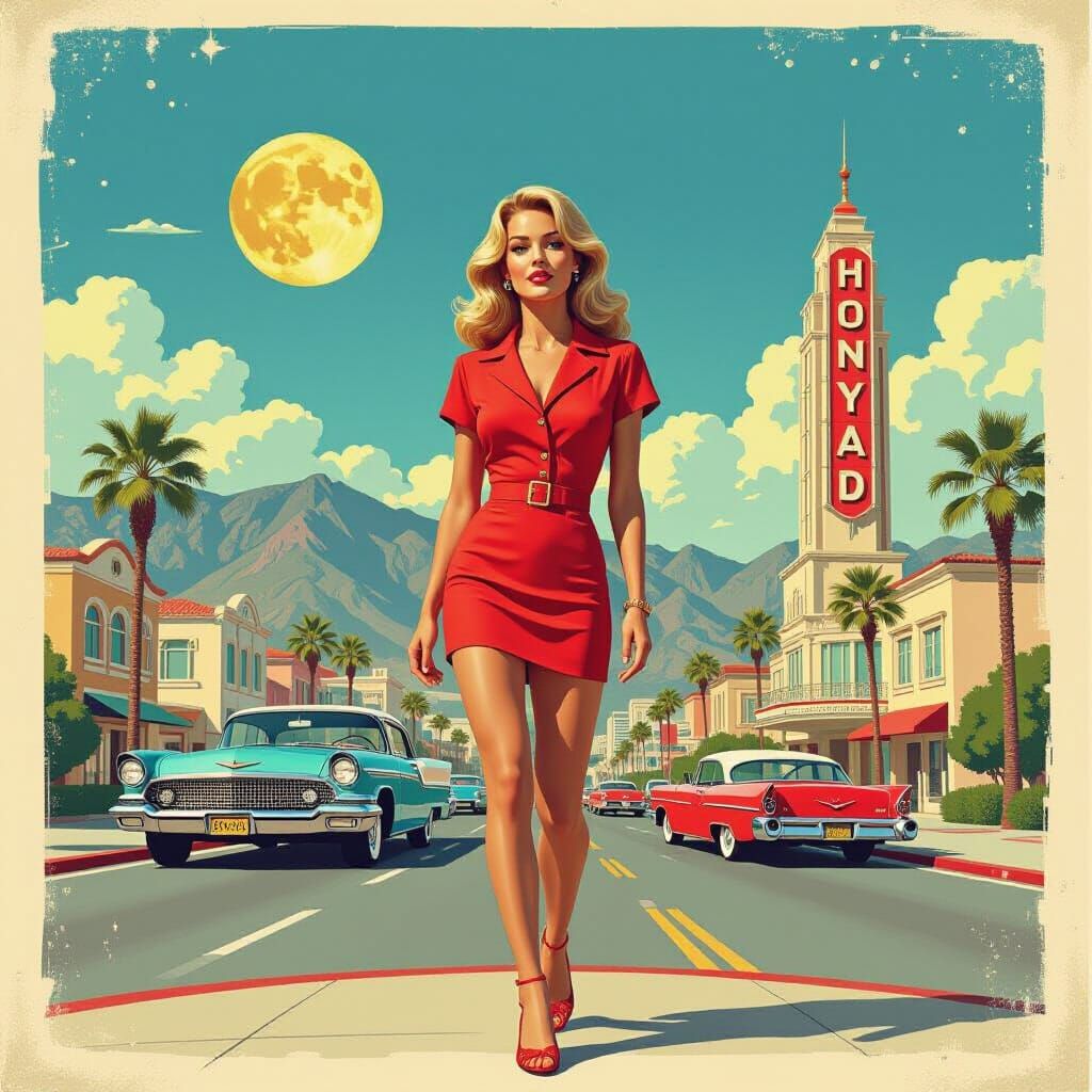 Retro Hollywood Woman in 1970s-1990s American Style