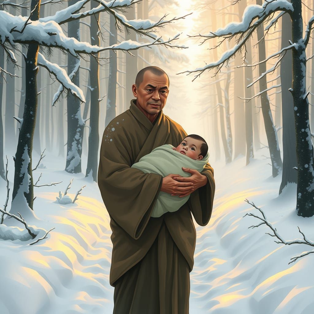Monk and Baby in Snowy Pine Forest