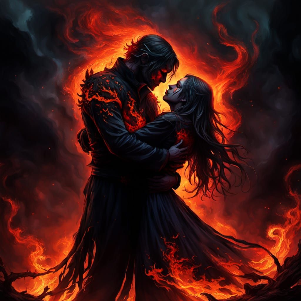 Gothic Lovers Embrace in Fiery Underworld