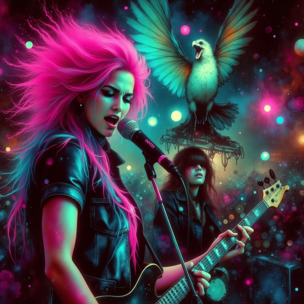 Punk Band on Pirate Ship Stage in Neon Grunge Style