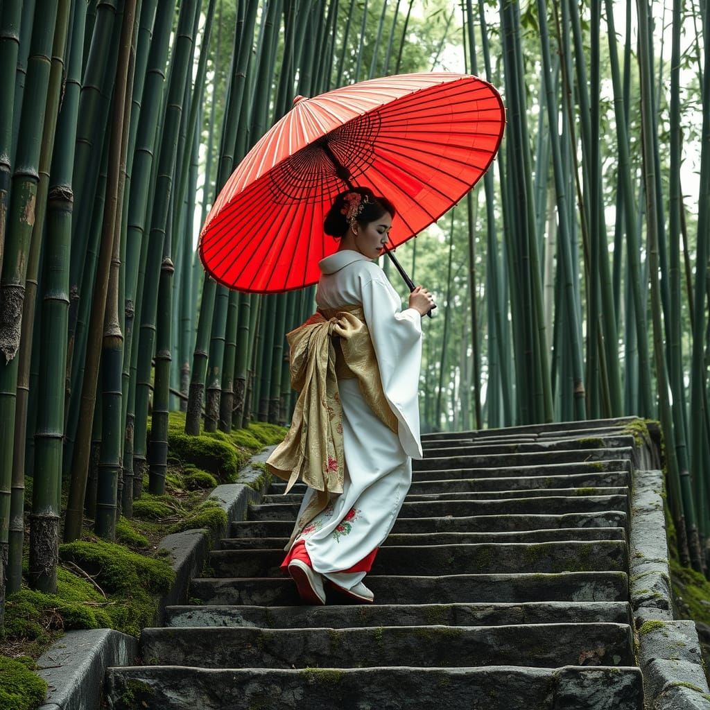 Geisha Climbs Stone Steps with Red Umbrella