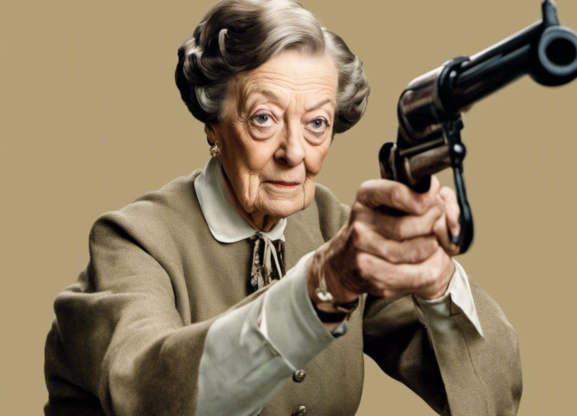 Maggie Smith as angry octogenarian woman pointing a shotgun