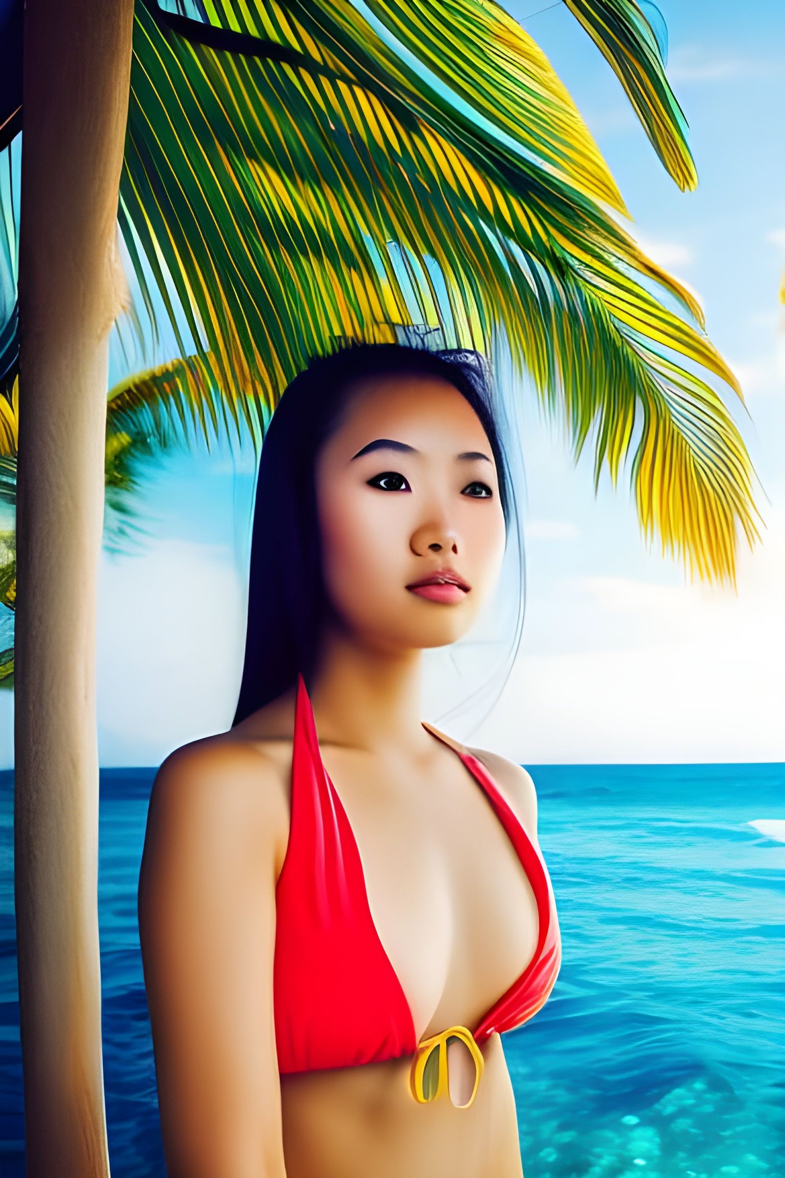 Asian Girl Portrait on Tropical Beach in Swimwear