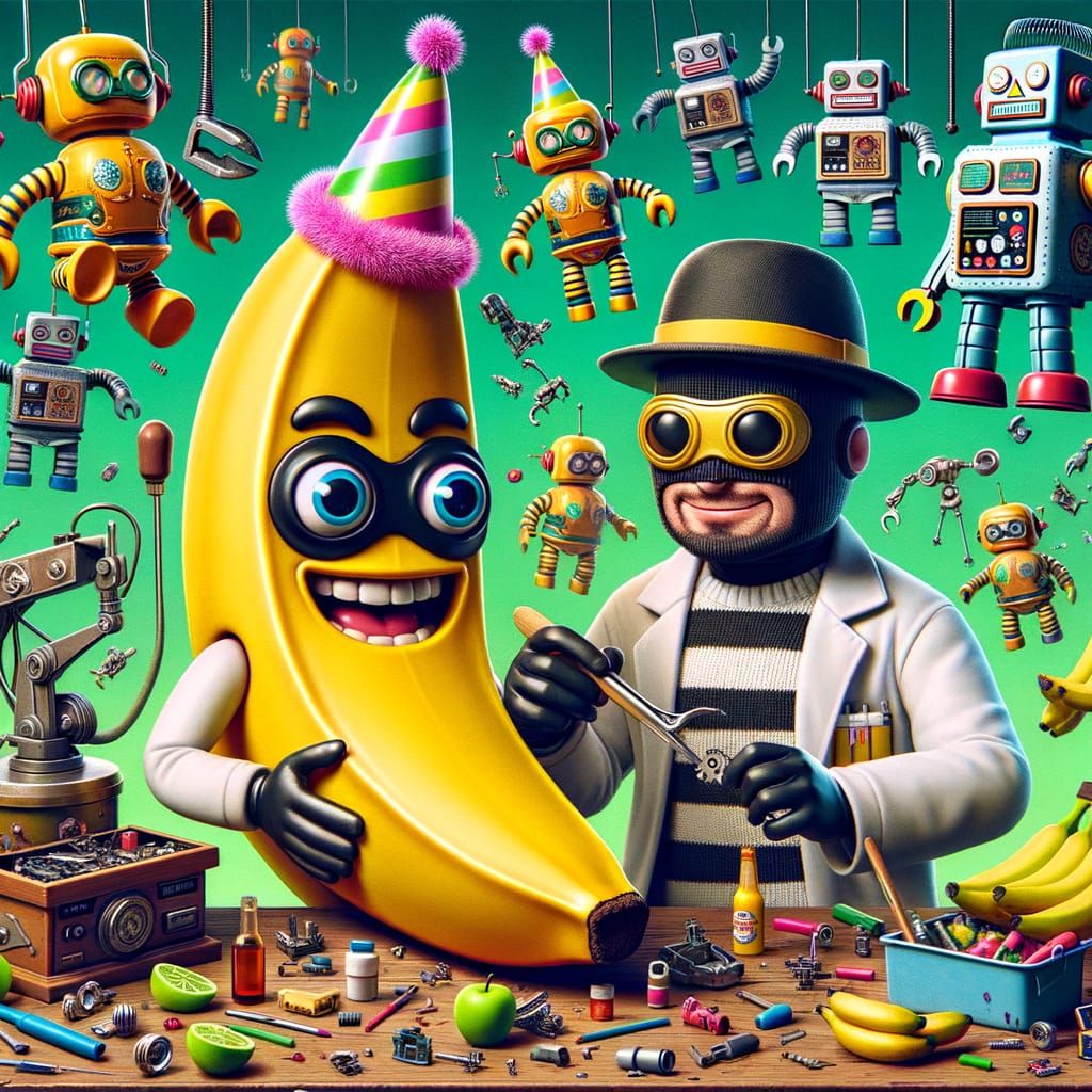 Banana Scientist and Robot Build Together in Cartoon Style