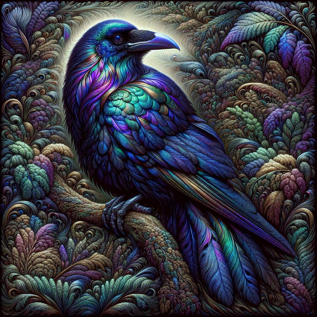 Iridescent Raven Shimmers in Colorful Display