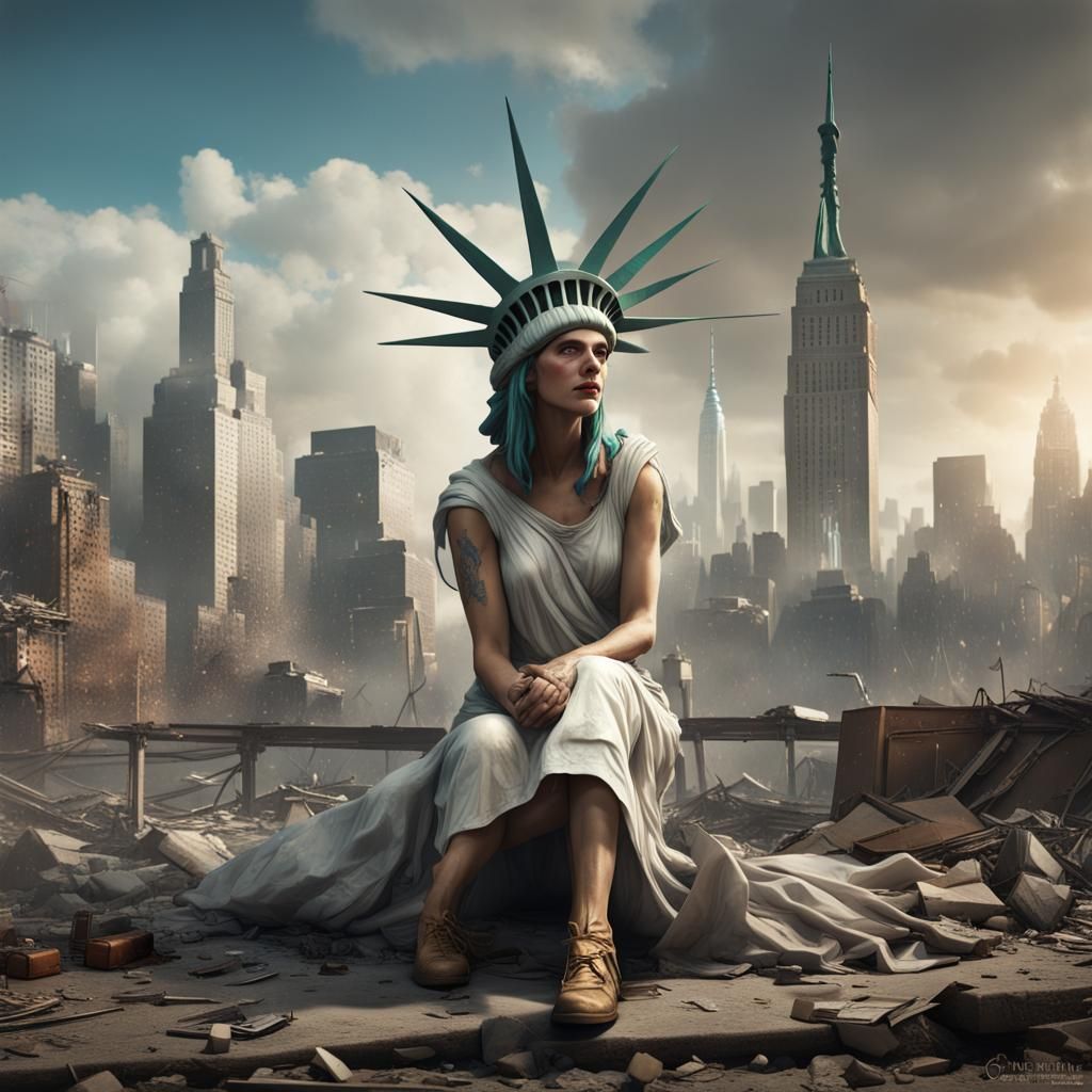 Statue of Liberty Crying in Post-Apocalyptic New York