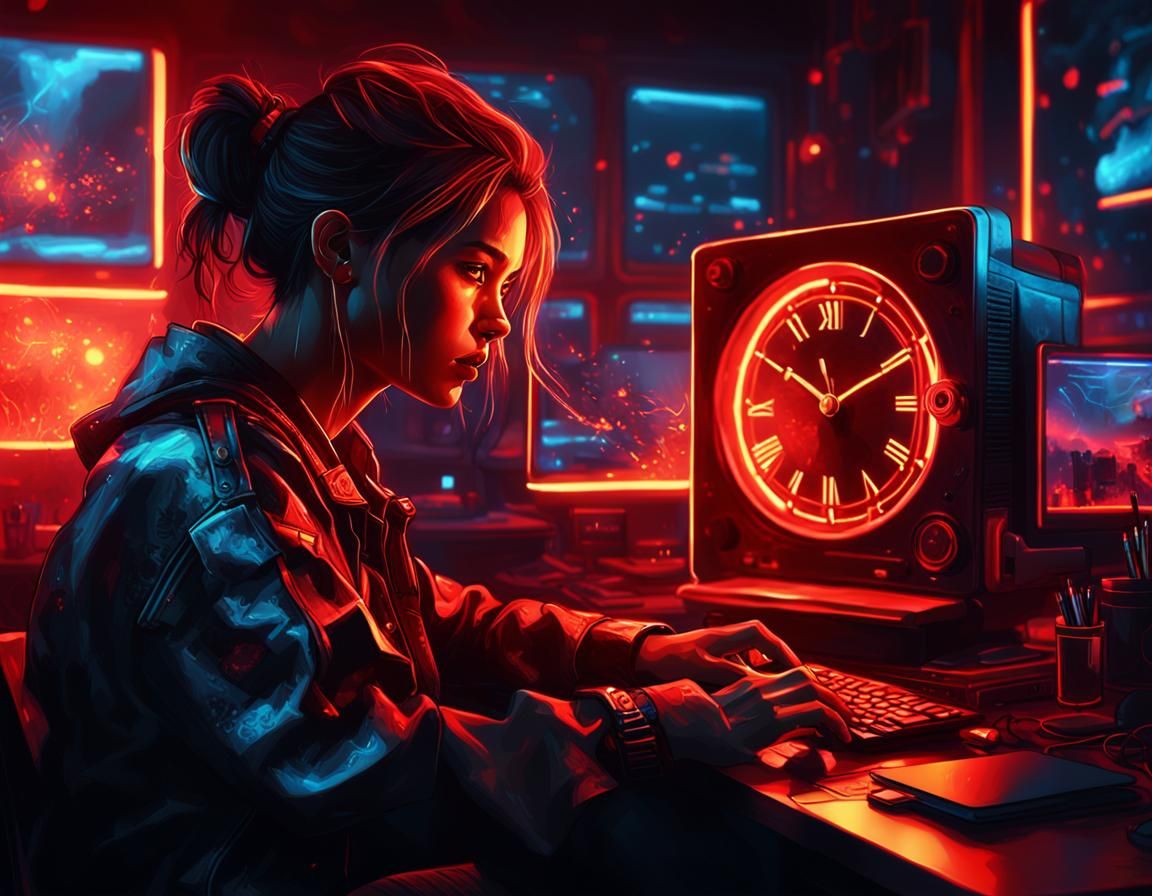 Cyberpunk Woman at Desk with Neon Lights