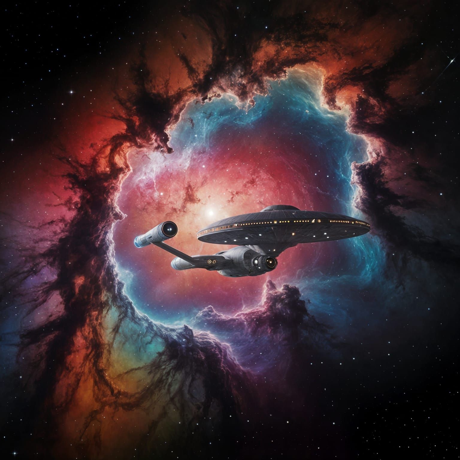 Cosmic Starship Emerges from Vibrant Nebula