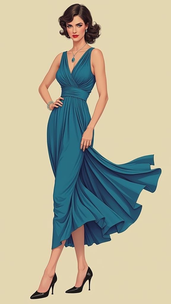 Art Deco Woman in Blue Dress Illustration