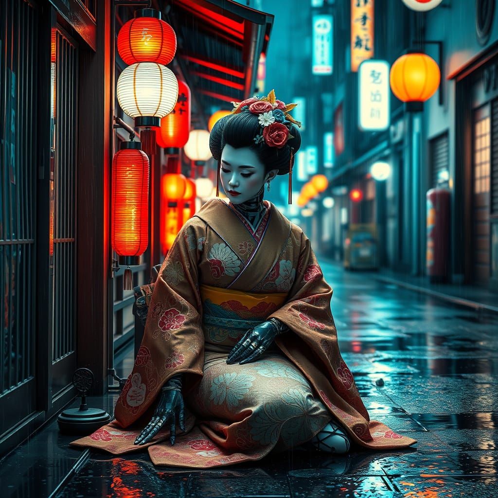 Cyborg Geisha in Neon Alleyway: Digital Illustration