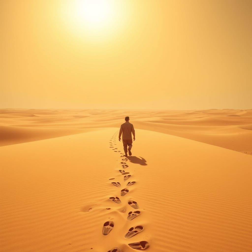 Lost Man in Vast Desert Under Blazing Sun
