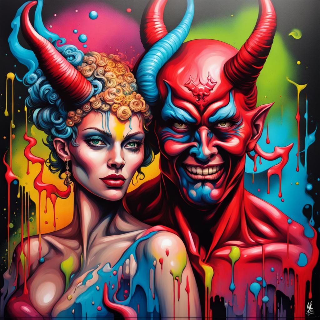 Devil and Goddess Graffiti Art in Polychromatic Style