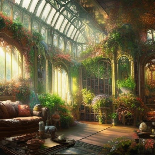 Beautiful Sunroom with Hanging Plants, Hyperdetailed Fantasy...