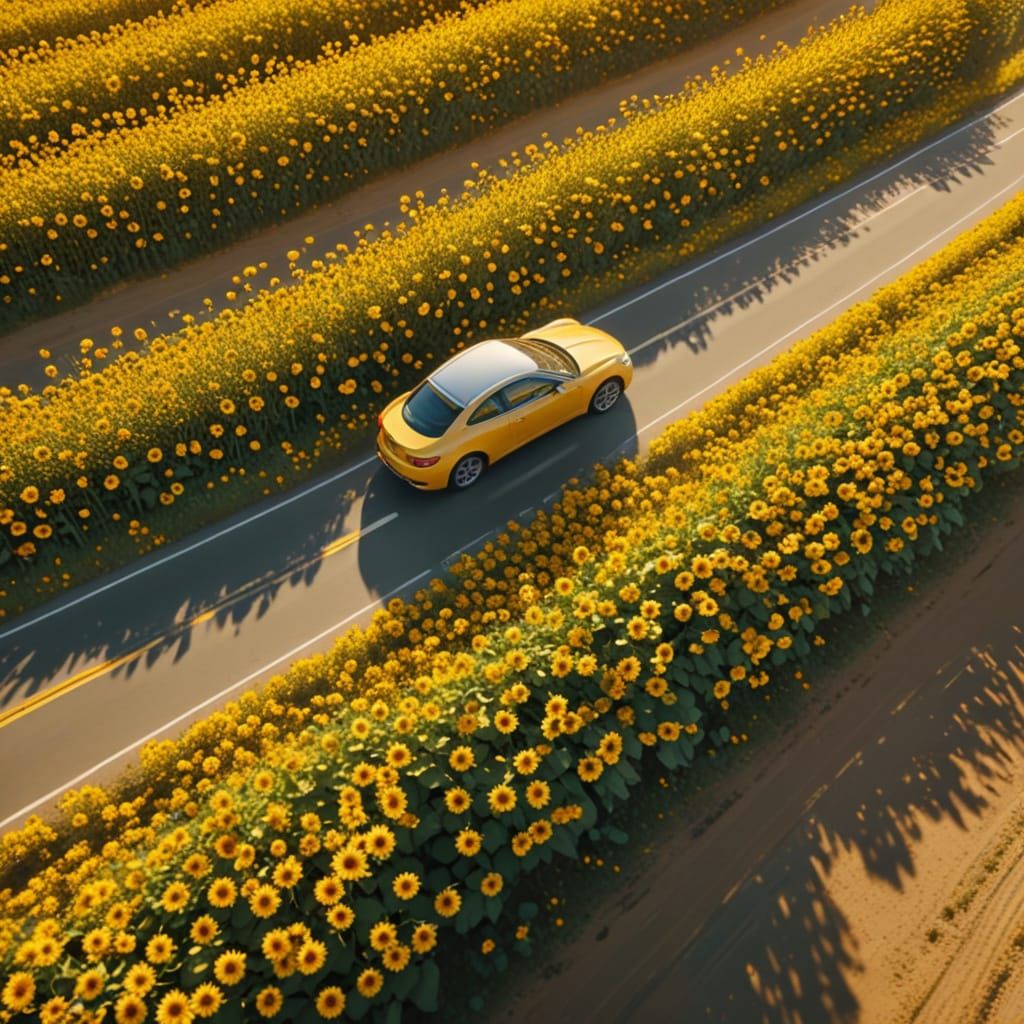 Car Speeds Through Endless Sunflower Field: Aerial View
