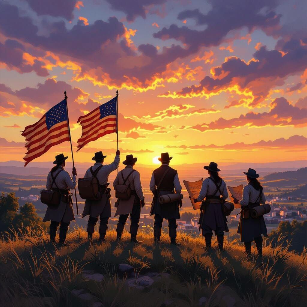 Pioneers Surveying New Land at Sunrise