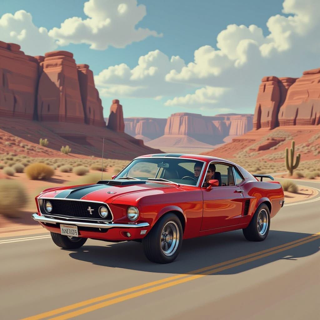 Red Mustang GT Driving Desert Road in Steampunk Style