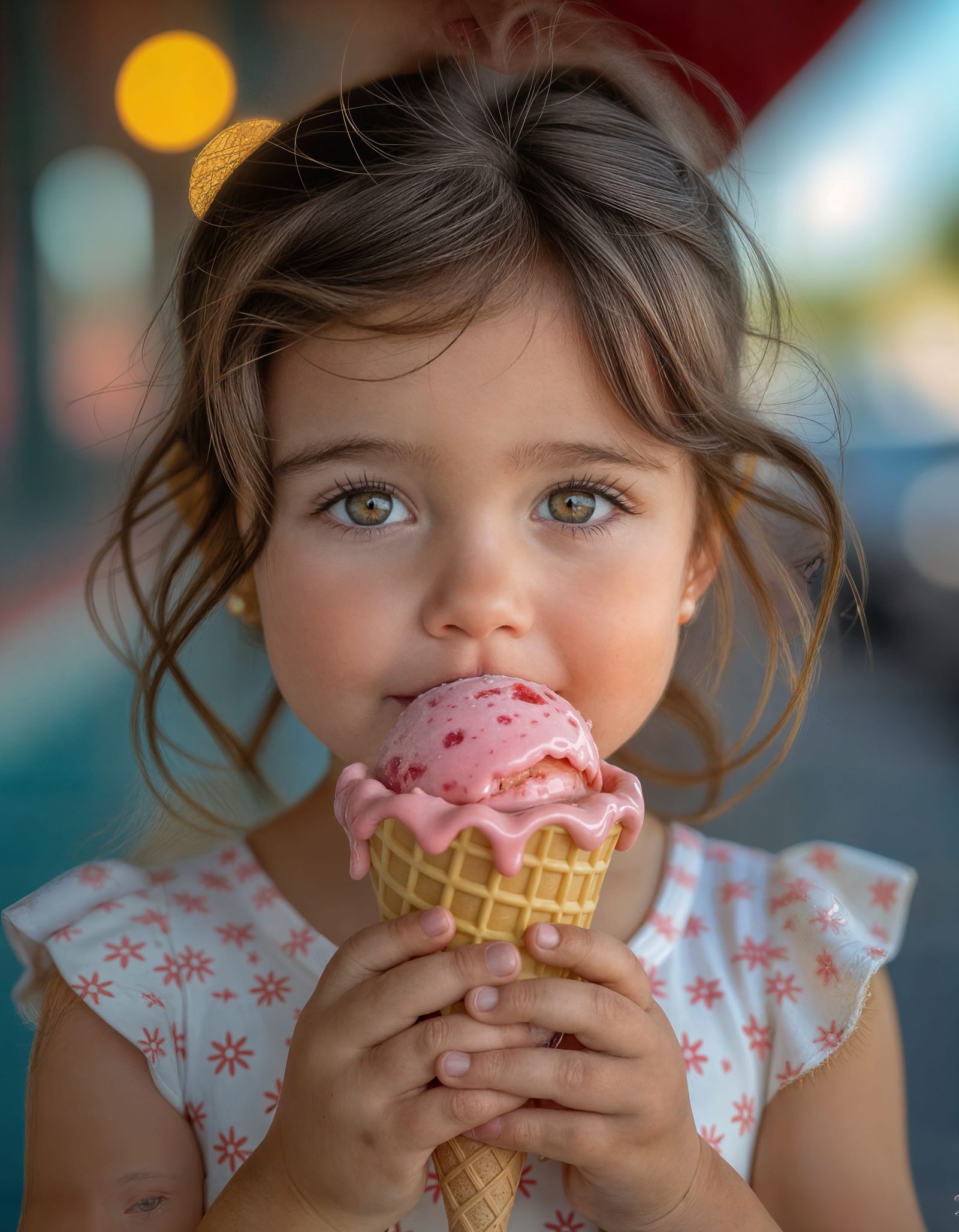 Little Girl Enjoying Ice Cream Cone Hyperrealistic Photo