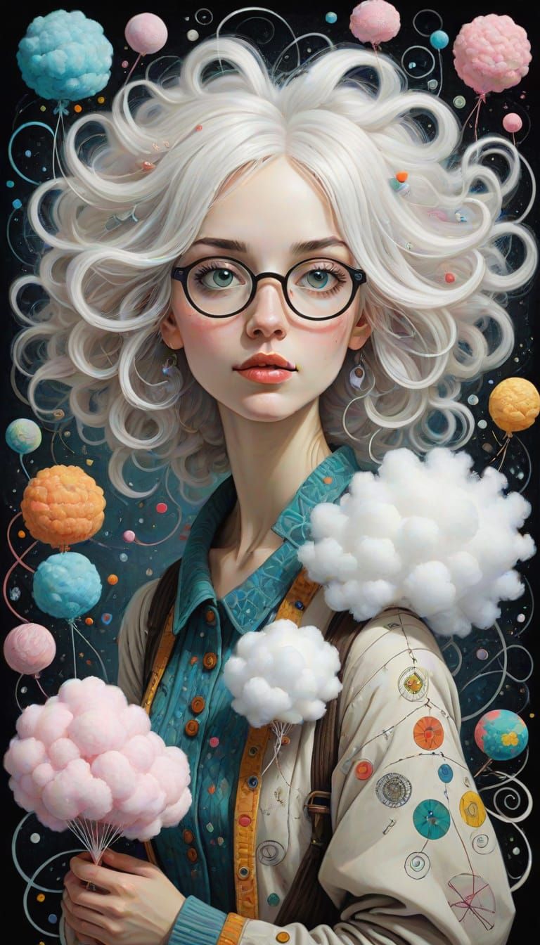 Surreal Librarian with Fluffy White Hair