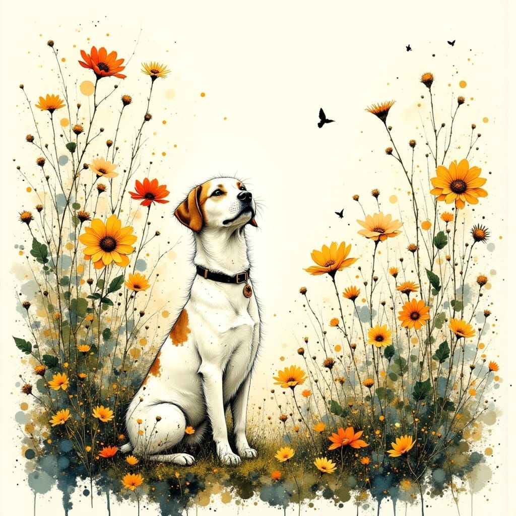 Un chien, debout dans un jardin vibrant où les fleurs coloré...