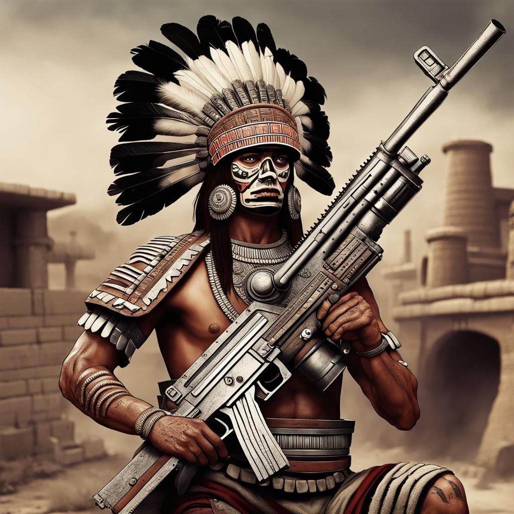 Aztec Warrior with Machine Gun in Industrial Age