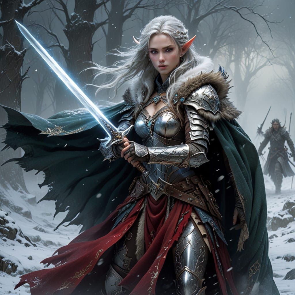Elegant Winter Warrior with Glowing Sword and Fanciful Armor