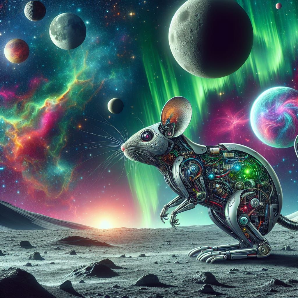 Cyborg Mouse on Moon with Starry Night Sky