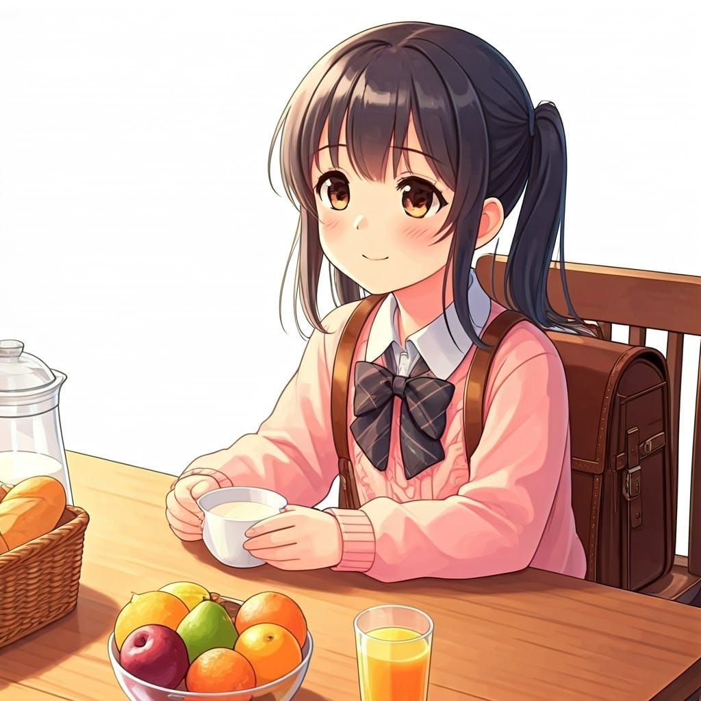 Anime Girl Enjoying Milk and Fruit, Anime Style