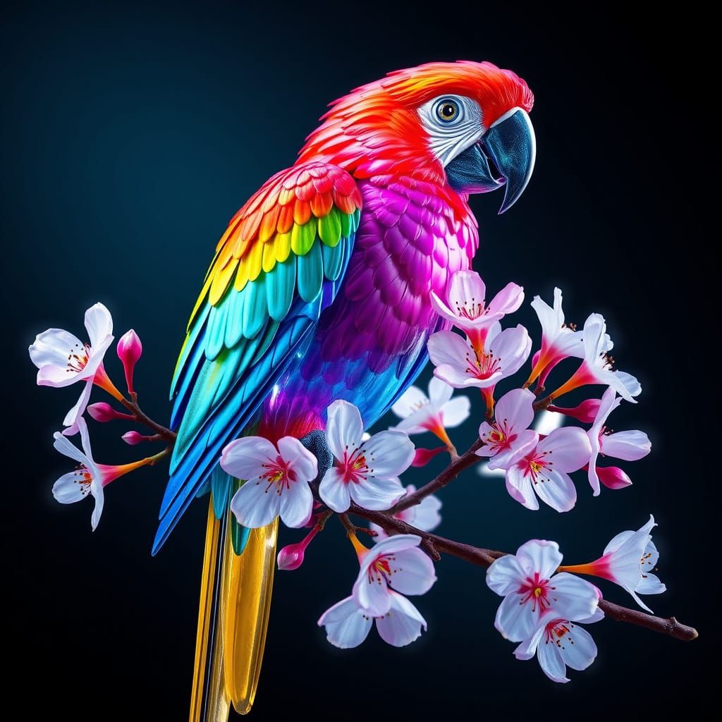 Crystal Macaw Sculpture on Blossoming Branch
