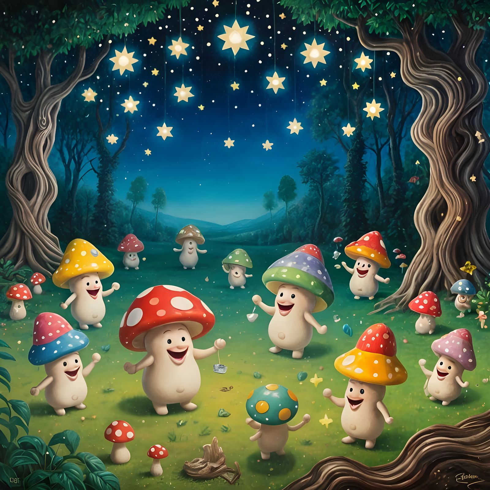 Mushroom Folk Dancing Under Starlight in Surreal Forest