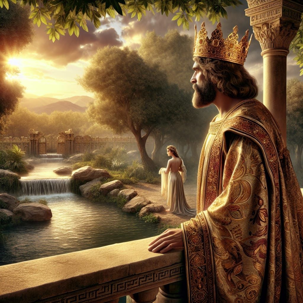 King Observes Bathing Woman from Palace Balcony