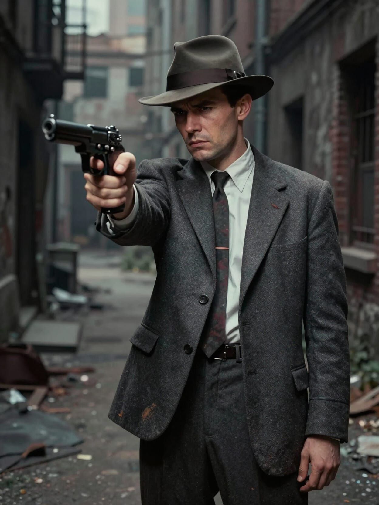 1950s Detective in Ruined City Alleyway