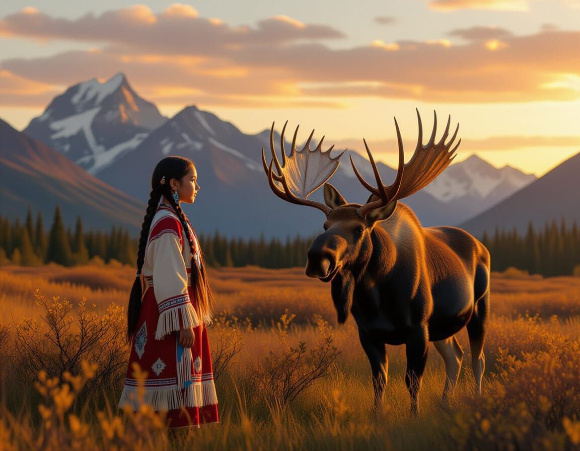 Indigenous Girl and Moose in Alaskan Meadow at Sunset